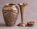 Persian Silver Items. Lot of 3 Persian silver items, Isfahan work. Including 2 vases and a salt Image - 2
