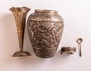 Persian Silver Items. Lot of 3 Persian silver items, Isfahan work. Including 2 vases and a salt Image - 3