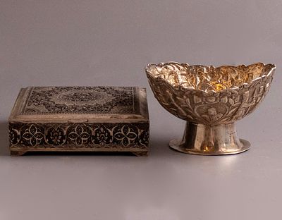 Persian Silver Items. Lot of 2 Persian silver items, Isfahan work. Including a bowl and a box. 