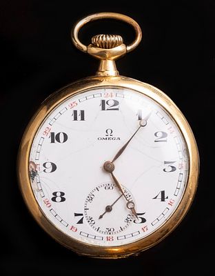 שעון כיס מזהב, Omega. שעון כיס תוצרת אומגה, מנגנון מתיחה, מחוג שניות נפרד. קופסה מזהב 18K עם גב 