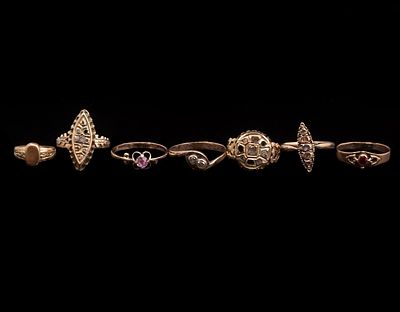 Gold Rings. Collection of seven 9K gold rings, set with various stones including rose-cut