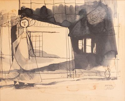 Avraham Naton (Natanzon, 1906-1959), Woman in landscape, watercolors and Ink on paper, 23X28 cm