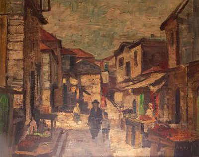 Adolph (Ed) Adler (1917-1996), Jewish figures in a town, oil on canvas, 61X76 cm, Signed.