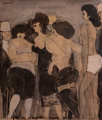 David Schneuer (1905-1988), Figures, gouache on paper, 25.5X22 cm, Signed.