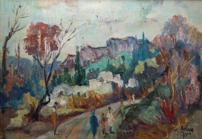 Yehuda Rodan (1916-1985), "Road near Safed", oil on canvas, 46X64 cm, signed, signed again and