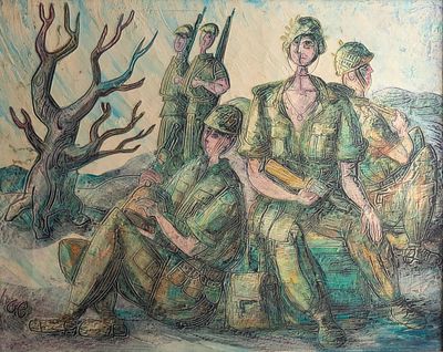 Yossi Stern (1923-1992), resting Soldiers, oil on canvas, 41X50.5 cm, signed.
