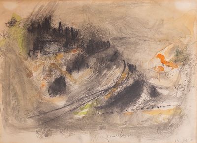 Yehezkel Streichman (1906-1993), "Mount Zion", watercolor and charcoal on paper, 19.5X26.5 cm