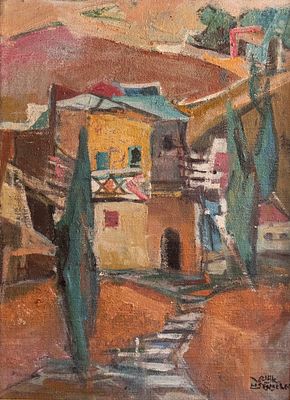 Yaakov Eisenscher (1896–1980), Safed, oil on masonite, 34X26 cm, Signed.