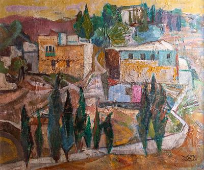 Yaakov Eisenscher (1896–1980), Safed, 1957, oil on canvas, 47X55 cm, Signed, dated on verso.