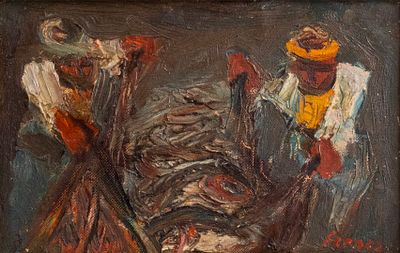 Yitzhak Frenkel-Frenel (1900-1981), Fishermen, oil on Masonite, 20.5X13.5 cm, Signed.
