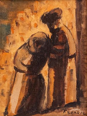 Yitzhak Frenkel-Frenel (1900-1981), Rabbi and his wife, oil on Masonite, 23X19.5 cm, Signed.