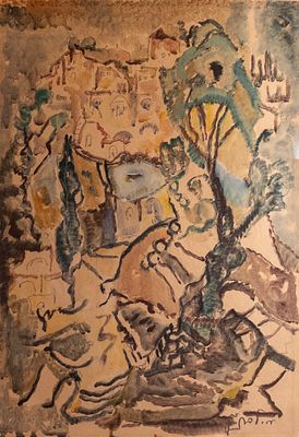Mordechai Levanon (1901-1968), The road to Safed, watercolor on paper, 48X33 cm, Signed.