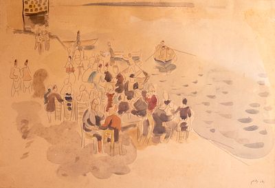 Nachum Gutman (1898-1980), Cafe in the Sea of Galilee, watercolors and paper and pencil on