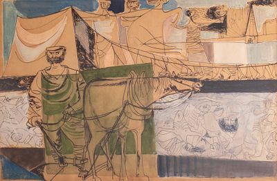 Naftali Bezem (1924-2018), Life on the kibbutz, watercolors and Ink on paper, 22.5X33 cm, Signed.