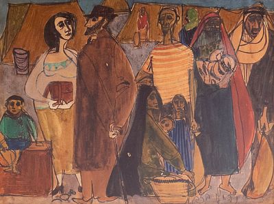Naftali Bezem (1924-2018), Refugees, watercolors and Ink on paper, 15.5X21 cm, Signed.