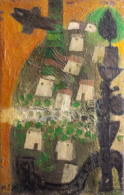 Naftali Bezem (1924-2018), Houses, oil on canvas, 39X26 cm, signed. Paint slightly peeling.