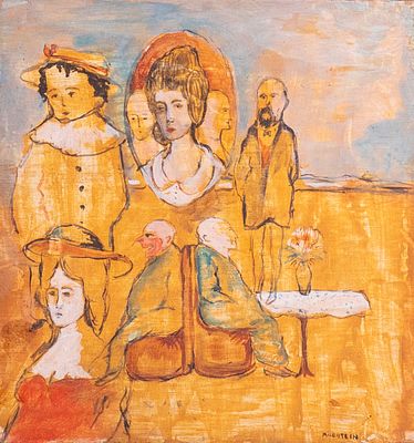 Zvi Milshtein (1934- 2020), Figures, gouache on wood, 18X17 cm, Signed.