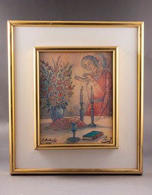 Zvi Raphaeli (1924-2005). Zvi Raphaeli (Israeli, 1924-2005), a woman lighting the Shabbat