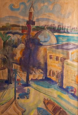 Siona Tagger (1900-1988), a mosque, watercolors on paper, 48.5X33.5 cm, Signed.