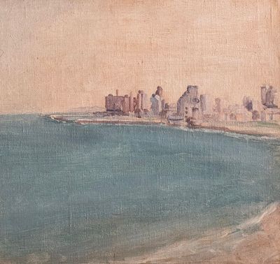 Shalom Flash (b. 1948), Tel Aviv landscape, 1993, oil on Masonite, 20X21 cm, Signed.