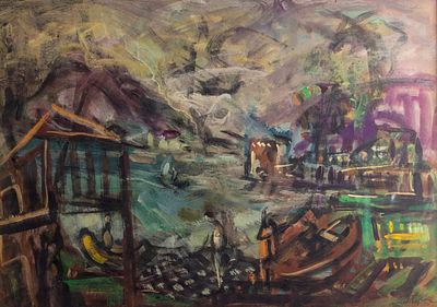 Shmuel Tepler (1918-1998), Boat in the harbor, watercolors on paper, 30X42 cm, signed.