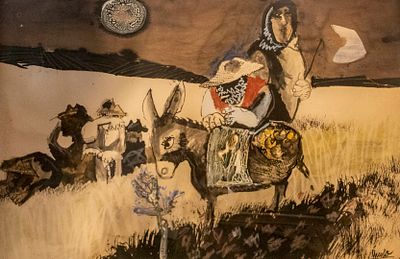 Eduardo Úrculo Fernández (1938-2003), Farmer and a donkey in the field, 1964, mixed media on