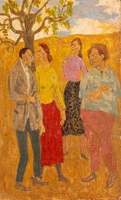 Gregoire Michonze (1902-1982), Figures in a village, oil on board, 16.5X10.5 cm, Signed (worn).