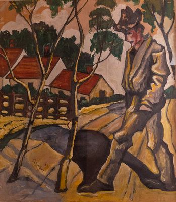 Hugo Scheiber (1873-1950), Wanderer in the village, gouache on cardboard, 50X43.5 cm