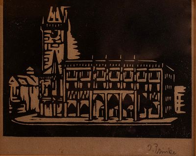 Josef Prinke (1891-1945), Lot of 9 Linocuts, Figures, animals, landscapes, clock with Hebrew