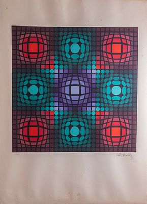 Victor Vasarely (1906-1997), "Bulles Rouges et Vertes", silkscreen, 45X45 cm, hand signed and