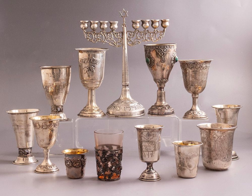 Silver Kiddush Cups & Menorah. Lot of silver kiddush cups, various sources including Russia. In 