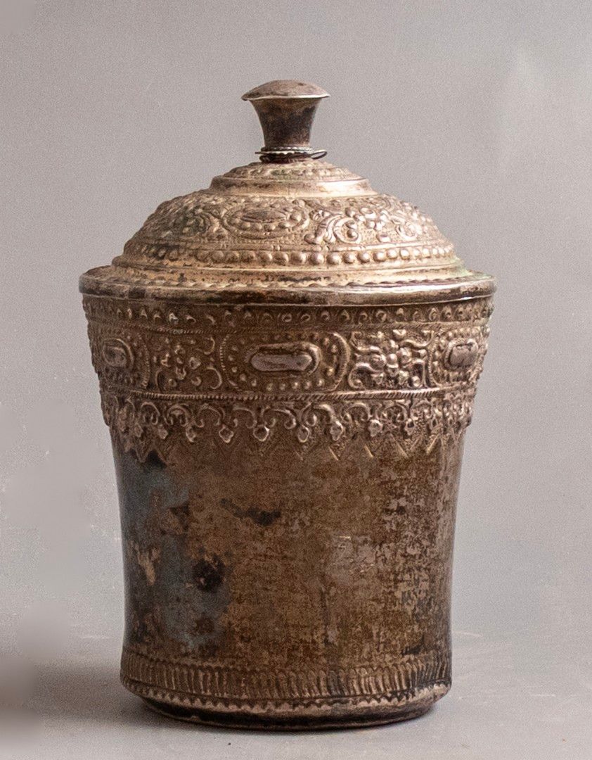Silver Cup, Far East. Silver lidded cup from the Far East, probably Indian. Embossed with floral 