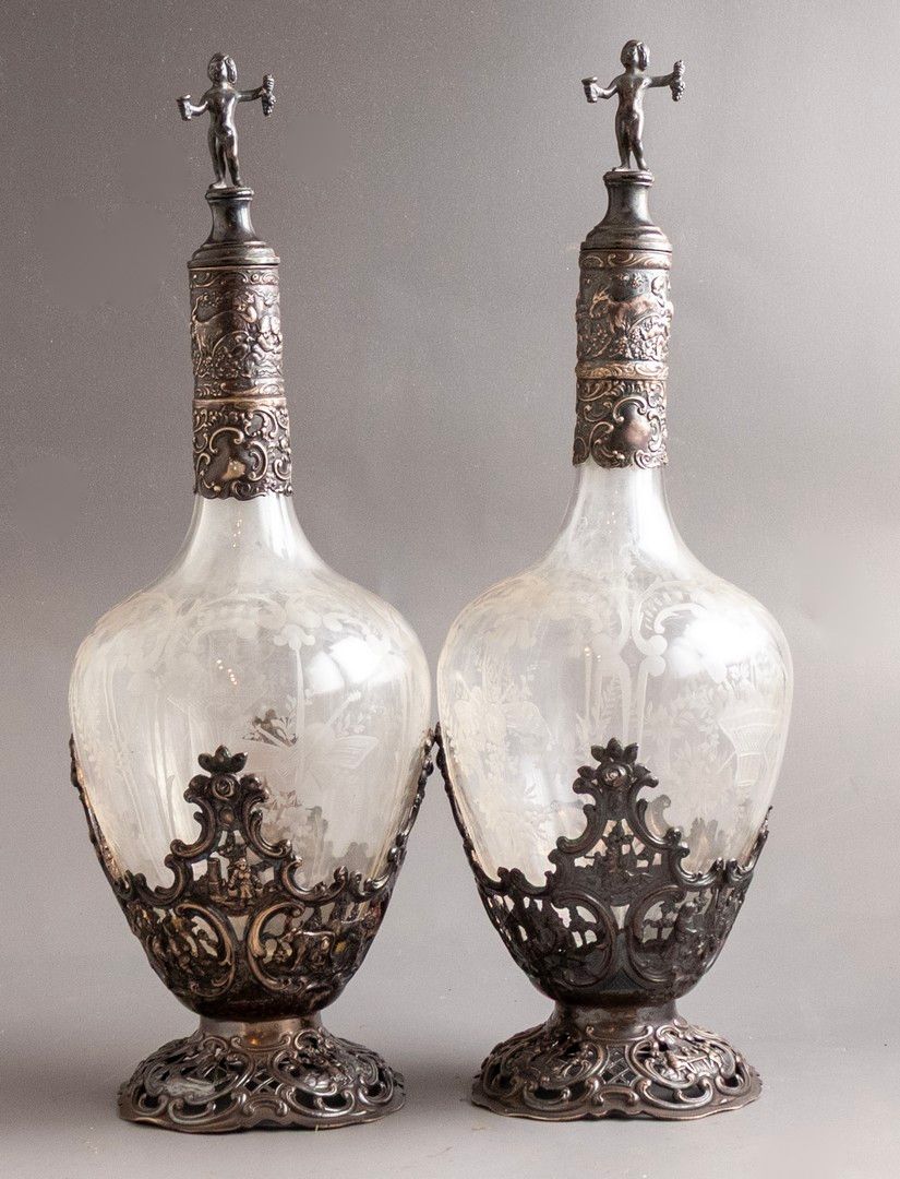 Silver & Glass Decanters, Hanau. Pair of German crystal and silver decanters by J.D. Schleissner 