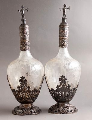 Silver & Glass Decanters, Hanau. Pair of German crystal and silver decanters by J.D. Schleissner