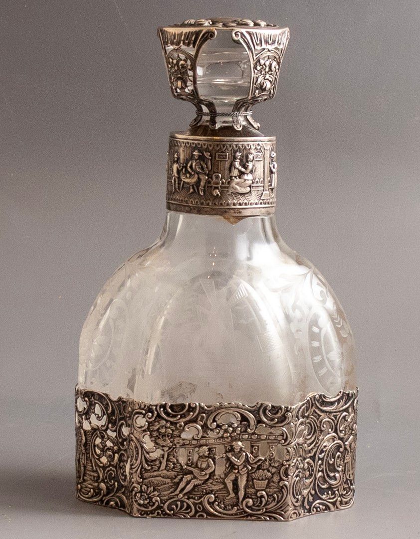 Silver & Glass Decanter, Hanau. German crystal and silver decanter by Wolf & Knell, Hanau, 19th 