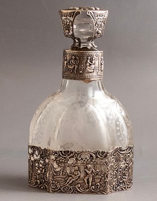 Silver & Glass Decanter, Hanau. German crystal and silver decanter by Wolf & Knell, Hanau, 19th