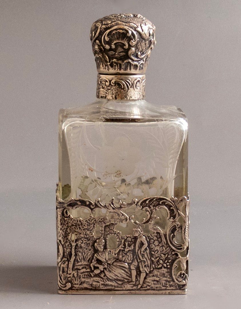 Silver & Glass Bottle, Hanau. Crystal and silver liquor/perfume bottle by Wolf & Knell, Hanau 