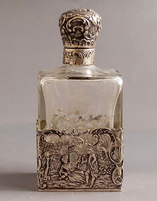 Silver & Glass Bottle, Hanau. Crystal and silver liquor/perfume bottle by Wolf & Knell, Hanau