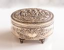 European Silver Box. European sterling silver box, embossed with Putti figures and floral Image - 1