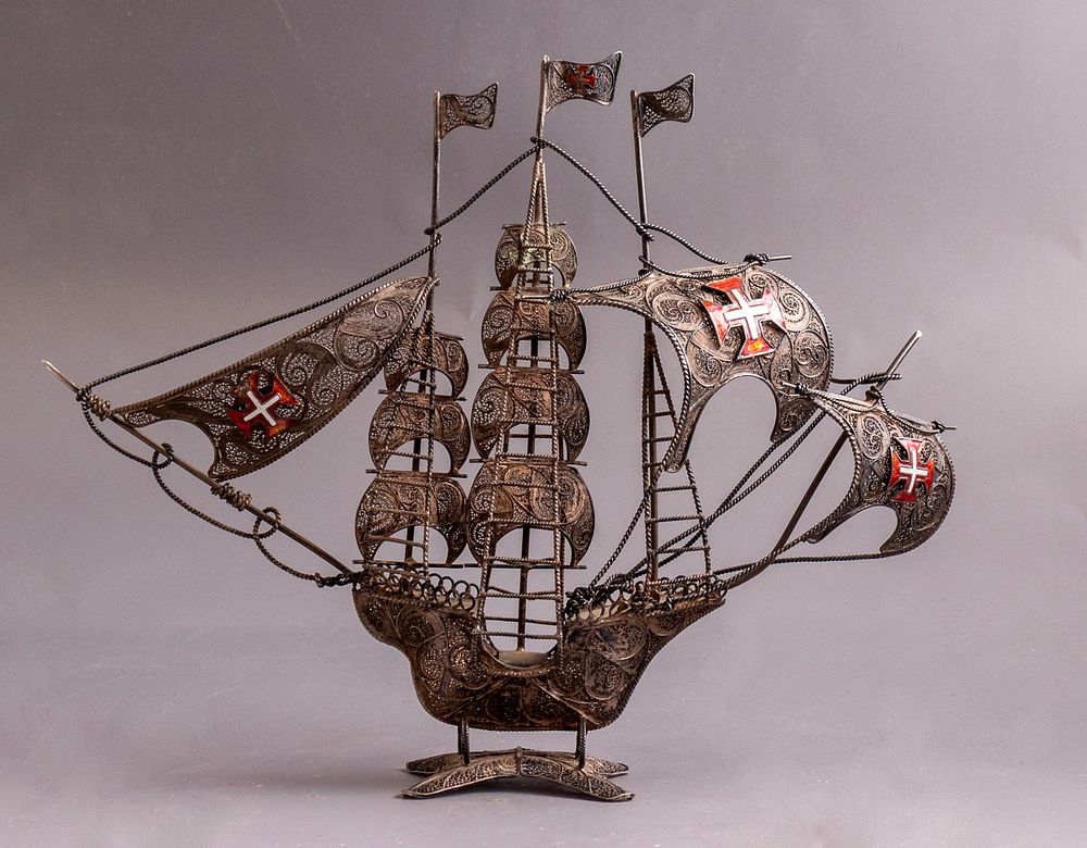 Galleon Nef Model, Silver & Enamel. A Portuguese silver Galleon ship model, in filigree work 