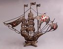 Galleon Nef Model, Silver & Enamel. A Portuguese silver Galleon ship model, in filigree work Image - 2