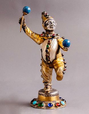 German Silver Figurine, 19th century. German silver figurine of an Arlecchino, 19th century.