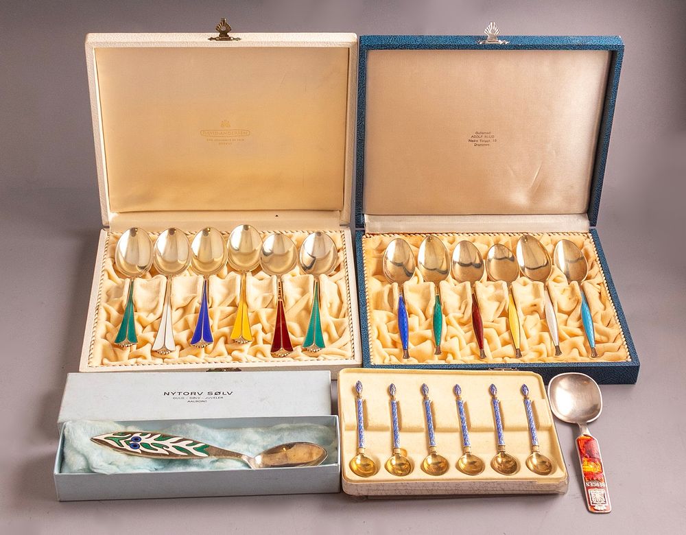 Enameled Silver Teaspoons. Lot of 3 sets of 6 Norwegian enameled silver sterling tea spoons 