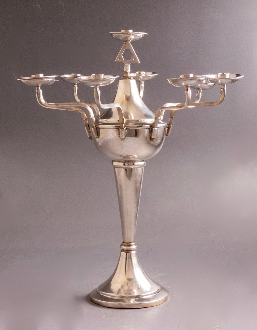 Iraqi Silver Hanukkah Menorah, Baghdad, circa 1940. Height: 33 cm. Total weight: 773 grams. 