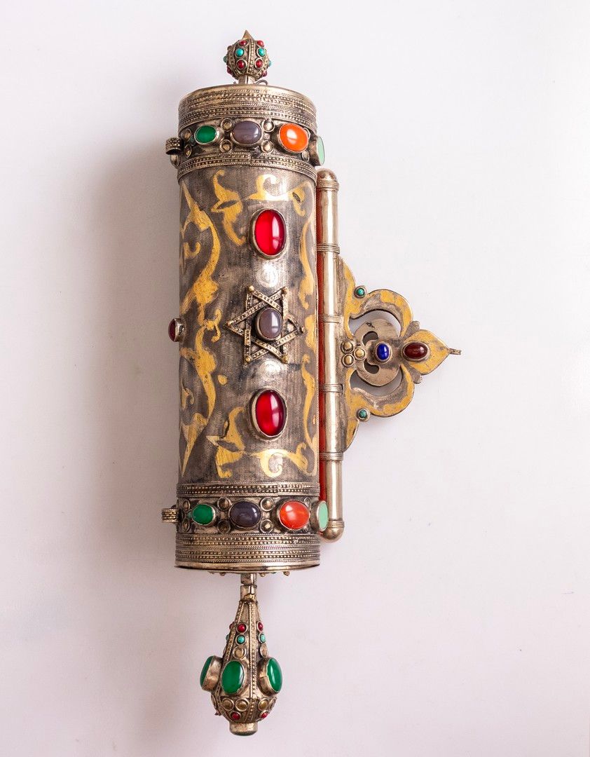 Turkmen Megillah Case. Turkmen metal Megillah case. Decorated with gilding and set with Star of 