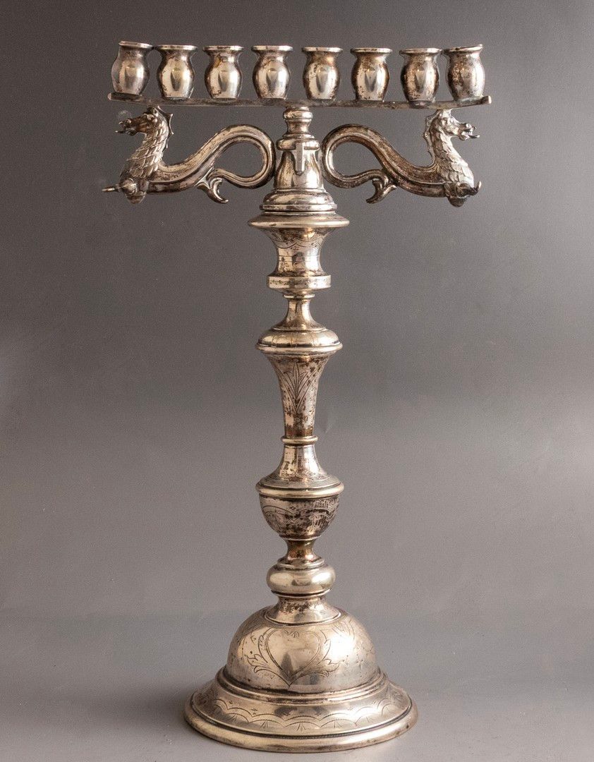 Viennese Hanukkah Menorah. Silver Hanukkah menorah by Hermann S&uuml;dfeld, Vienna, 1883-1909. 