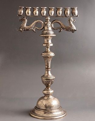 Viennese Hanukkah Menorah. Silver Hanukkah menorah by Hermann Südfeld, Vienna, 1883-1909.