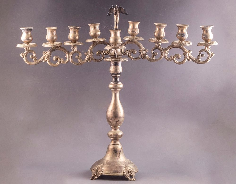 Silver Hanukkah Menorah, Germany, circa 1900. Decorated with openwork and a double-eagle 