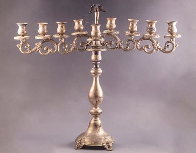 Silver Hanukkah Menorah, Germany, circa 1900. Decorated with openwork and a double-eagle
