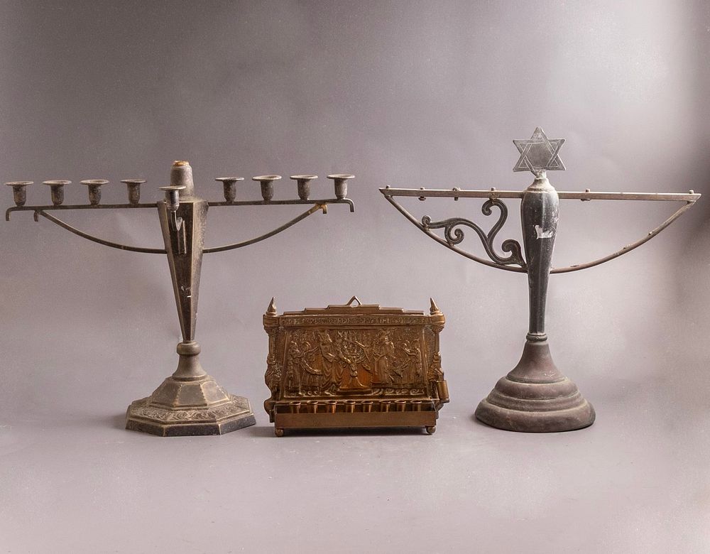 Hanukkah Menorahs. Lot of 3 Hanukkah Menorahs, including: * Bezalel-style Hanukkah Menorah 